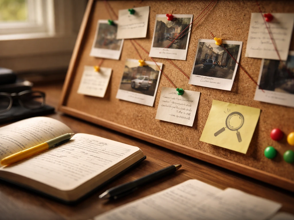 Plan rapproché de notes d’indices sur un tableau avec cartes et post-it, ambiance enquête.