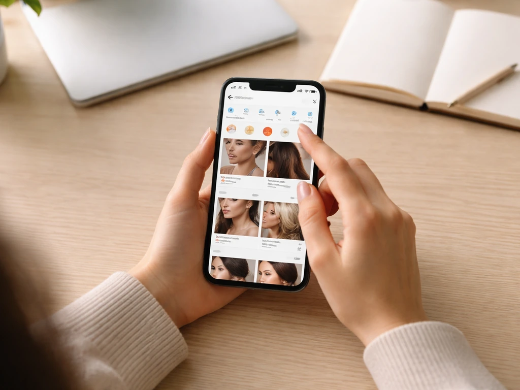 Mains anonymes consultant une recherche vidéo type YouTube sur smartphone, avec filtres pertinents à l’écran.