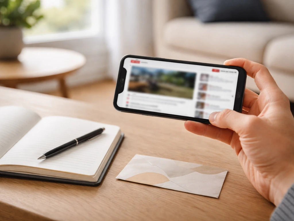 Main tenant un smartphone, carnet sur une table, scène évoquant des mentions de partenariat vidéo.