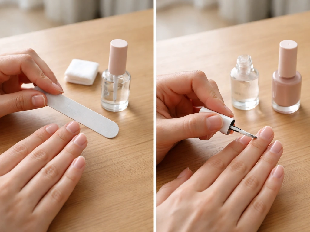 Main anonyme limant un ongle dans le bon sens, base protectrice appliquée et vernis prêt sur une table rangée.
