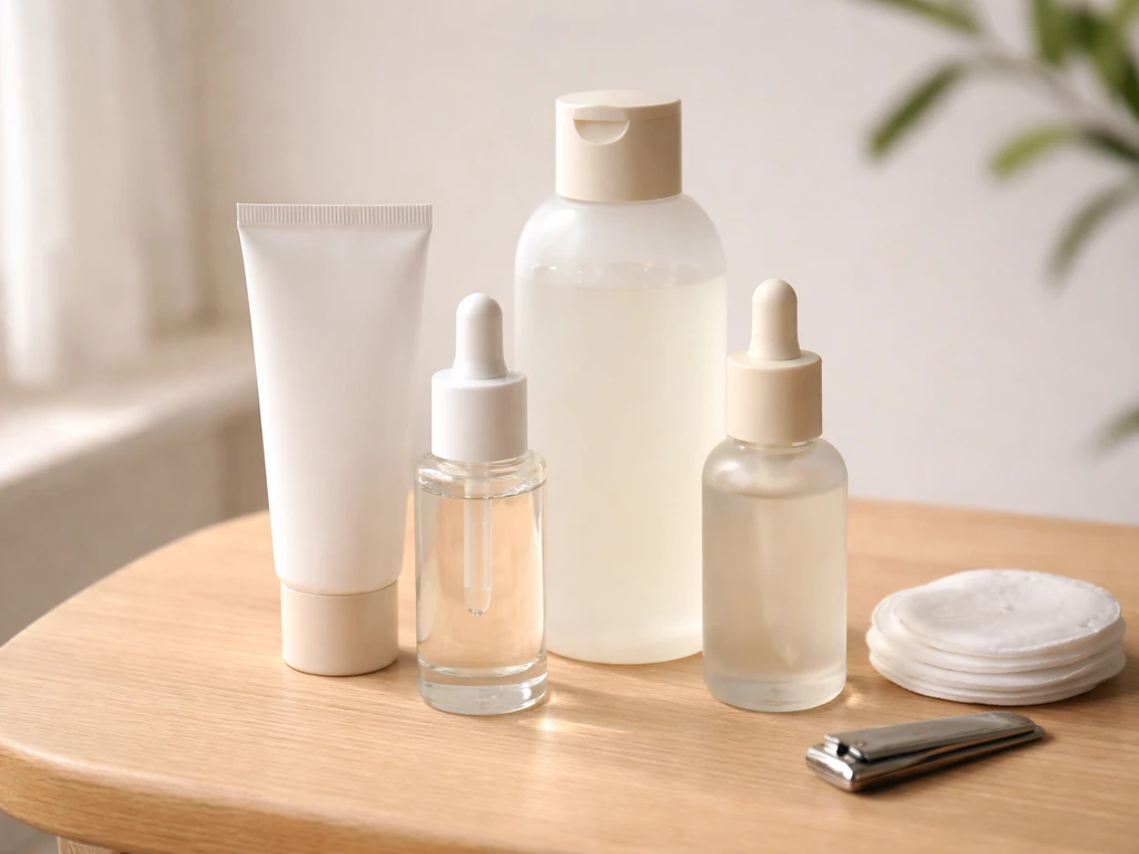 Plan rapproché d’un kit de soins minimal (peau, shampoing doux, cuir chevelu, coton et coupe-ongles).