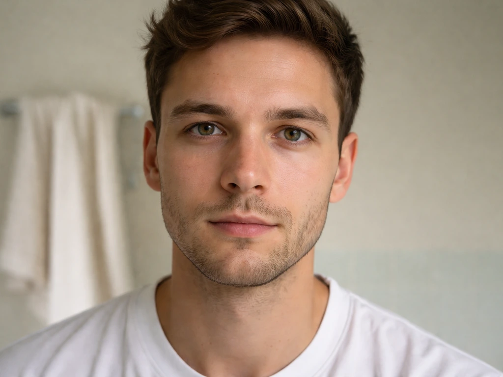 Visage d’homme anonyme avec quelques rougeurs et petits boutons, ambiance salle de bain minimaliste, lumière naturelle.
