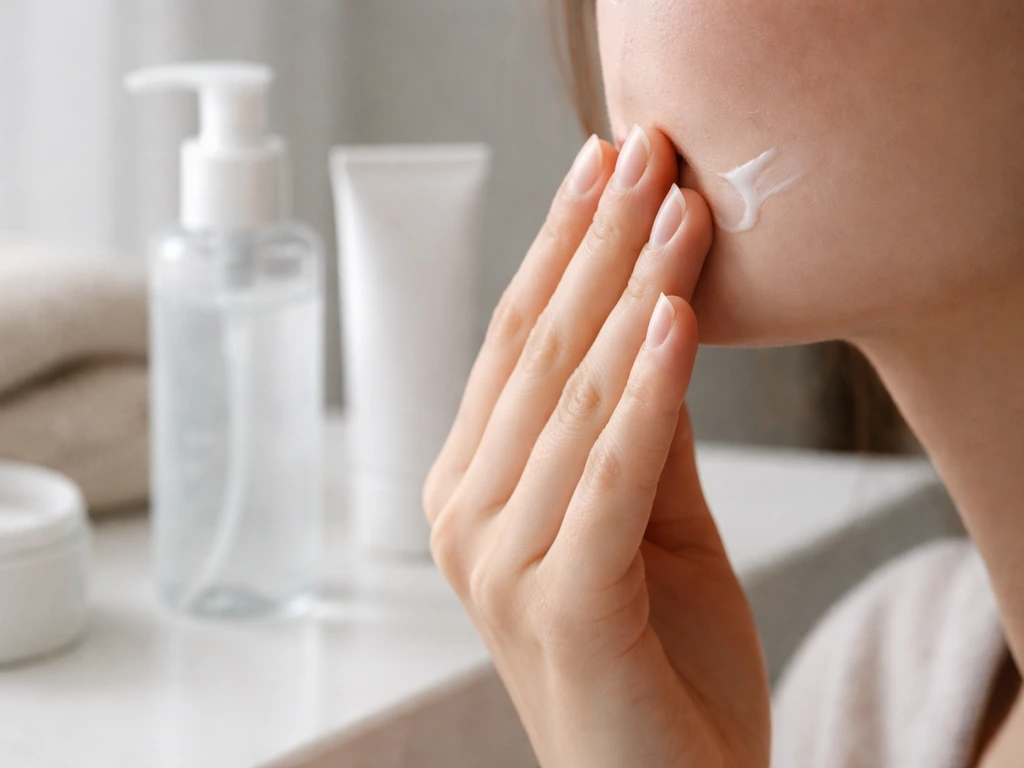 Gros plan sur une main appliquant un soin visage anti-boutons du soir, avec produits de routine au second plan.
