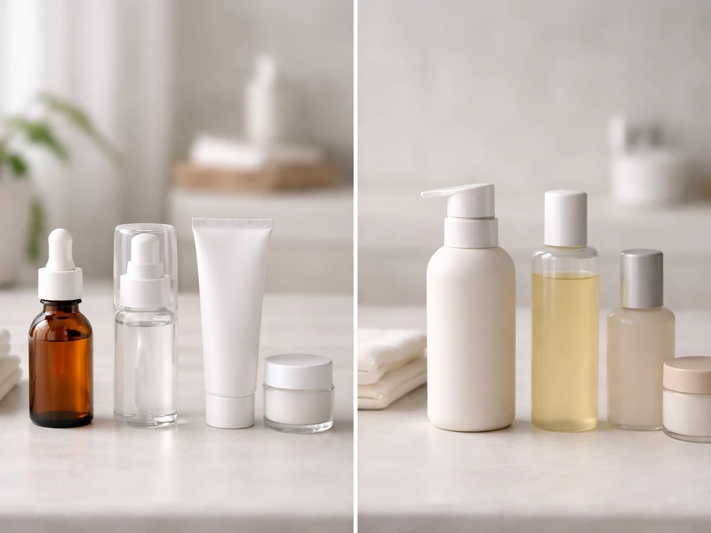Comparatif visuel sur table de salle de bain : flacons d’ingrédients pour acné à gauche, à éviter à droite.