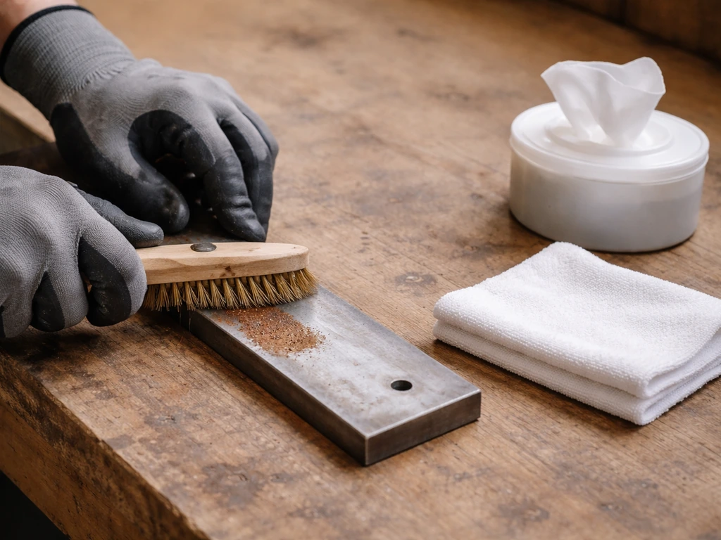 Mains gantées décapant une zone rouillée sur du métal avec une brosse métallique puis nettoyage prêt à percer.