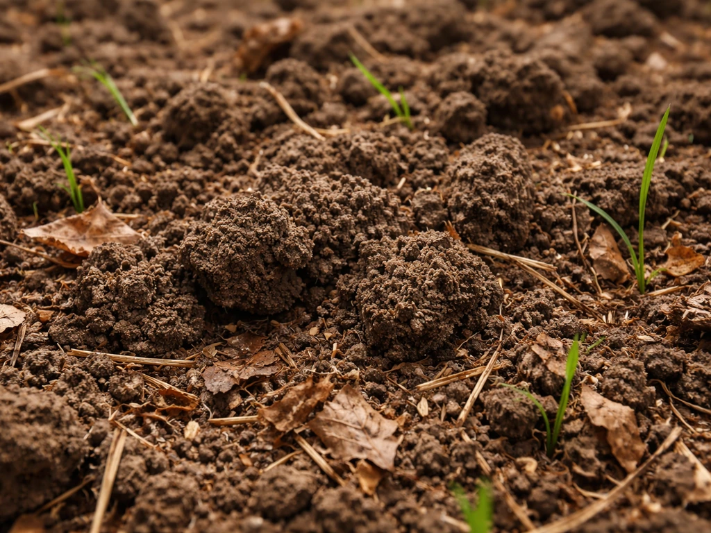 Gros plan d’une terre vivante, grumeleuse, avec paillage naturel et petits végétaux, sans aucun signe chimique.
