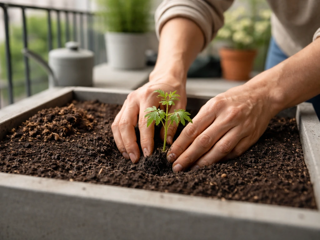 Mains en train de planter des semis dans un bac de jardin sur un balcon, substrat et compost mûr visibles.