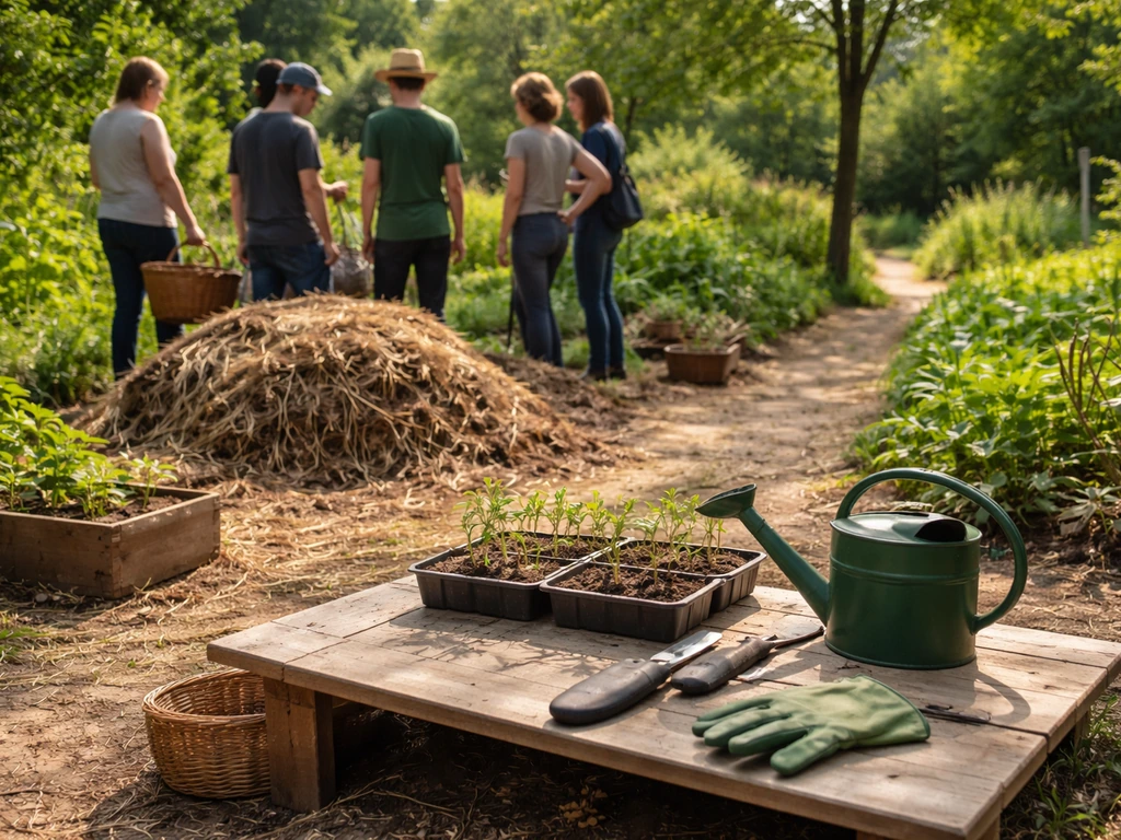 Petite réunion entre voisins dans un jardin partagé, autour de bacs de semis et compost, ambiance conviviale.