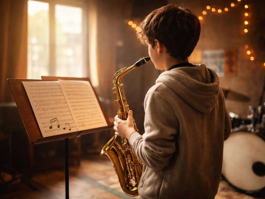 Jeune saxophoniste débutant dans une salle de répétition, ambiance jazz chaleureuse et minimaliste.