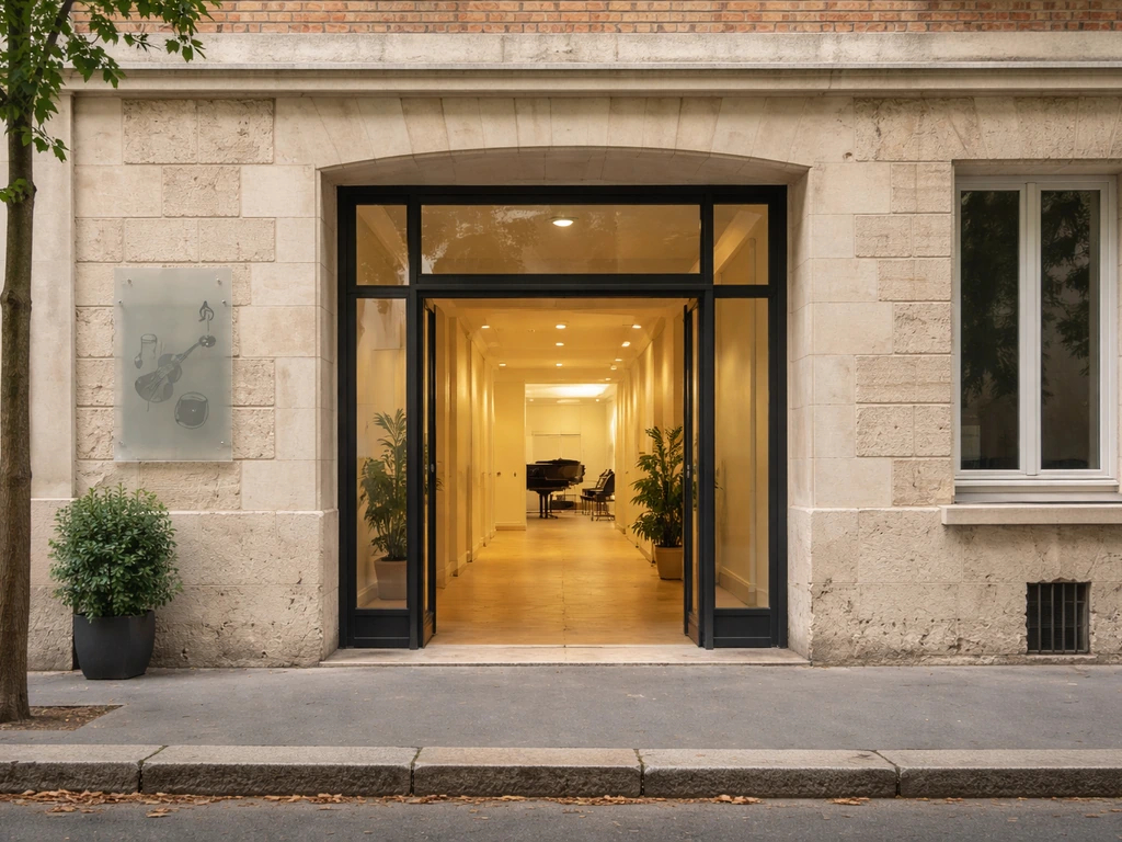 Façade d’un conservatoire à Nantes, entrée ouverte menant à un espace de musique, ambiance accueillante