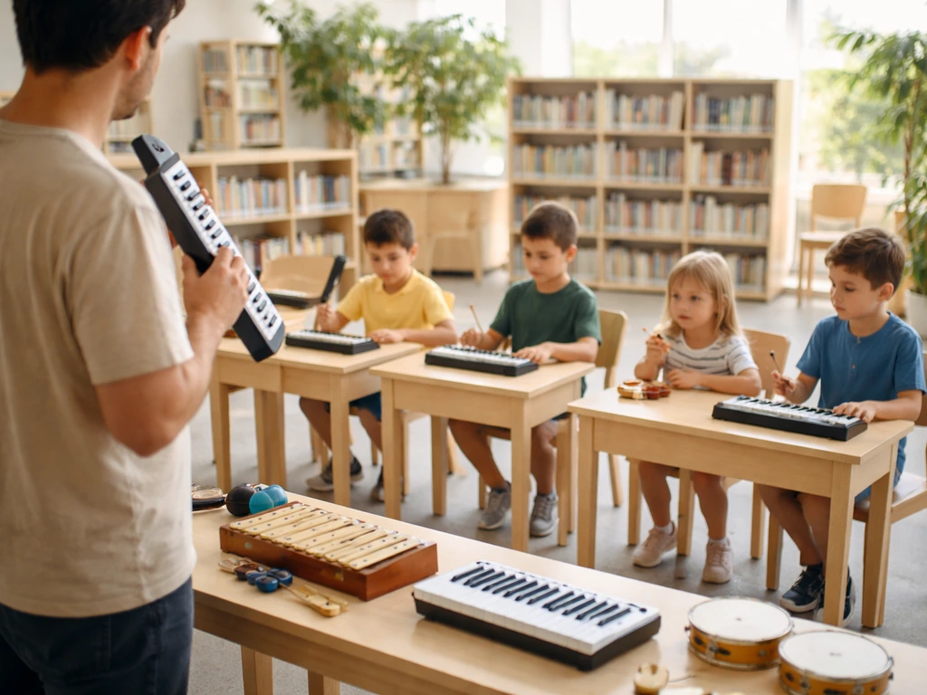Dans une médiathèque, un animateur encadre un petit groupe pendant un atelier d’initiation musicale