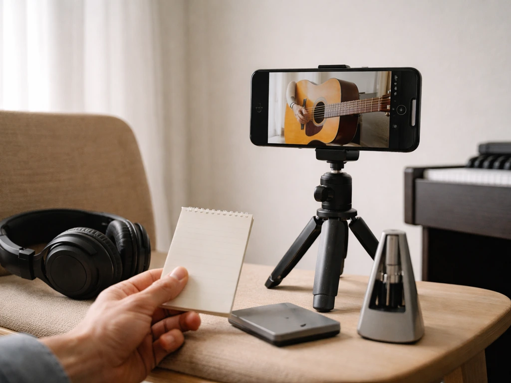 Téléphone sur trépied filme une session de musique près d’un instrument, casque posé, avant/après.