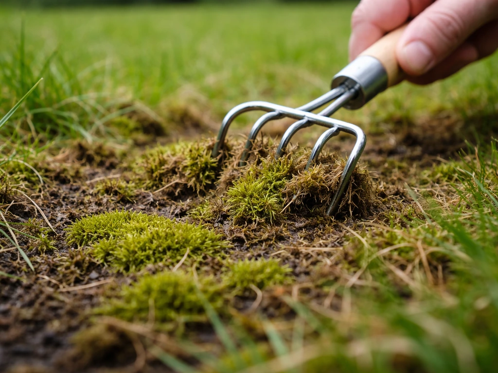Vue rapprochée d’une pelouse avec mousse, scarification légère de surface par une main anonyme.