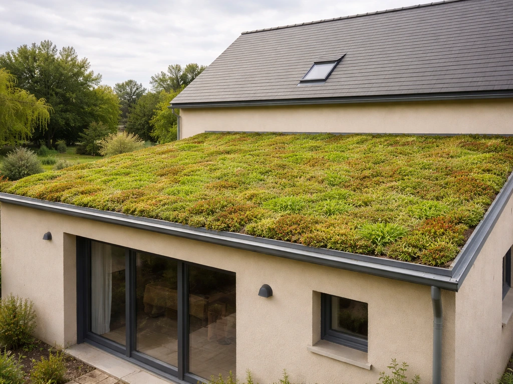 Vue large d’un toit en herbe végétalisé, bien intégré à une maison, avec une couverture verte dense.