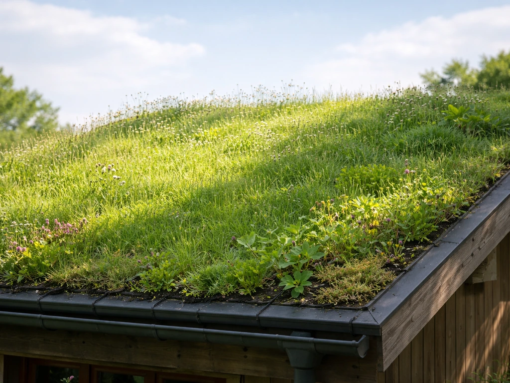 Toit en herbe dense, vue rapprochée montrant une toiture végétalisée pour illustrer un meilleur confort thermique.