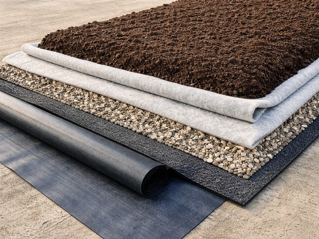 Vue rapprochée de couches techniques superposées pour toiture/terrasse : membrane, couche drainante, filtre et substrat