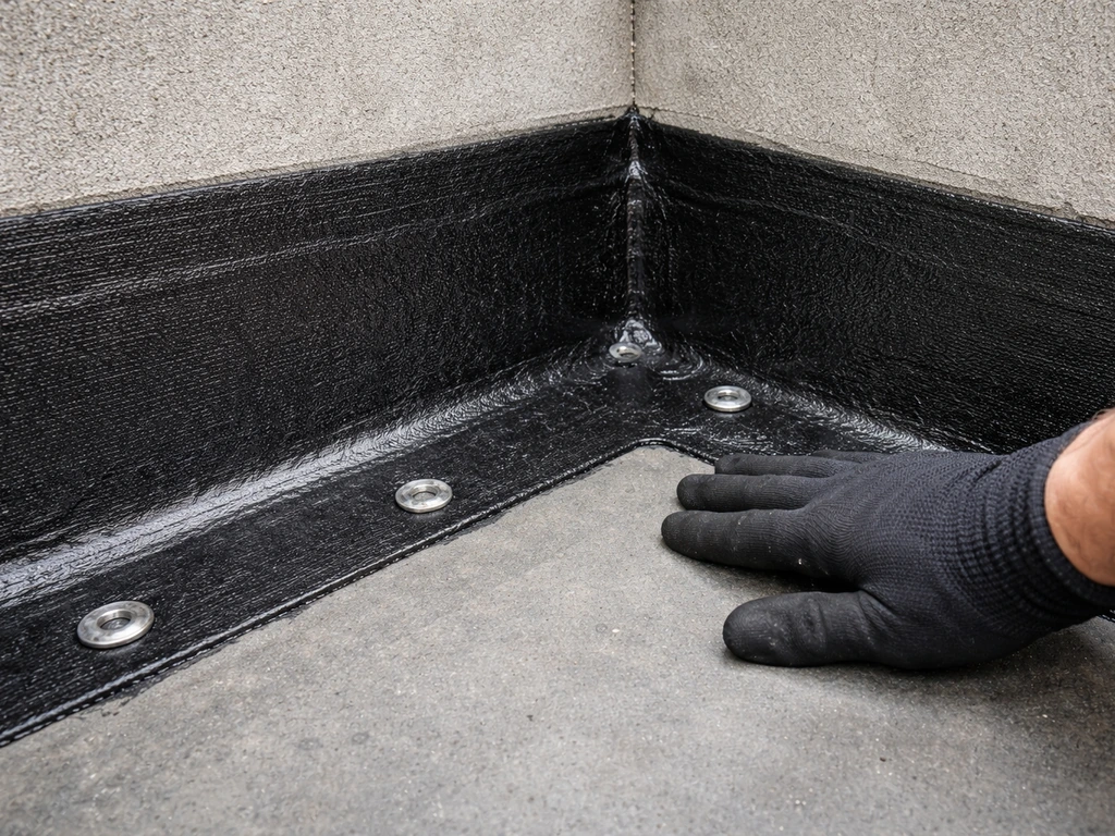 Détail d’un relevé d’étanchéité en périphérie, membrane fixée et raccords contrôlés visuellement.