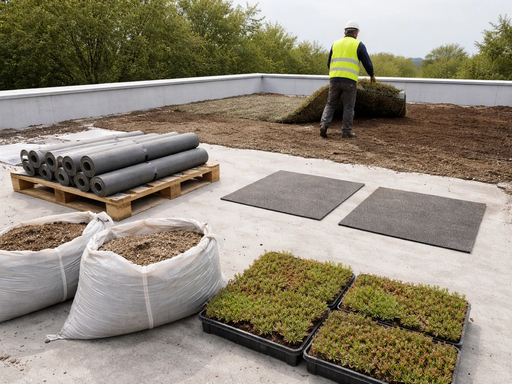 Chantier de toiture végétalisée en cours : dalles et substrat près du toit, repères de surface au sol
