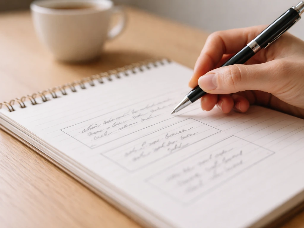 Carnet ouvert avec trois encadrés remplis au stylo, une main écrit sur une table avec café en arrière-plan.