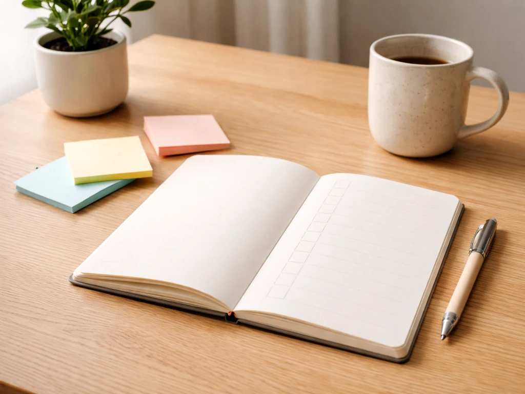 Carnet de travail ouvert avec post-it et stylo, ambiance bureau calme, rappel d’un plan d’action sur 30 jours.