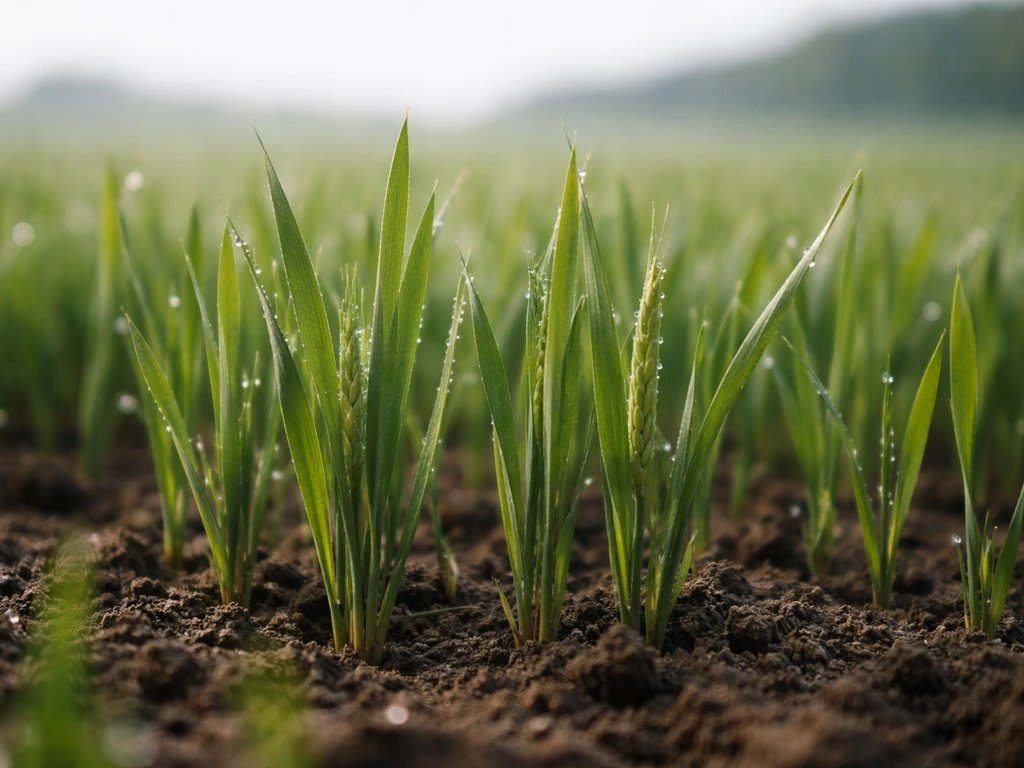 Champ de blé jeune en germination, vert et lumineux, vue proche sur les pousses.