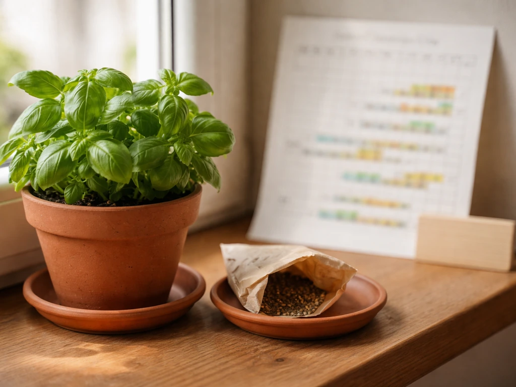 Pot de basilic sur rebord de fenêtre avec sachet de graines et calendrier de semis flou, ambiance maison.
