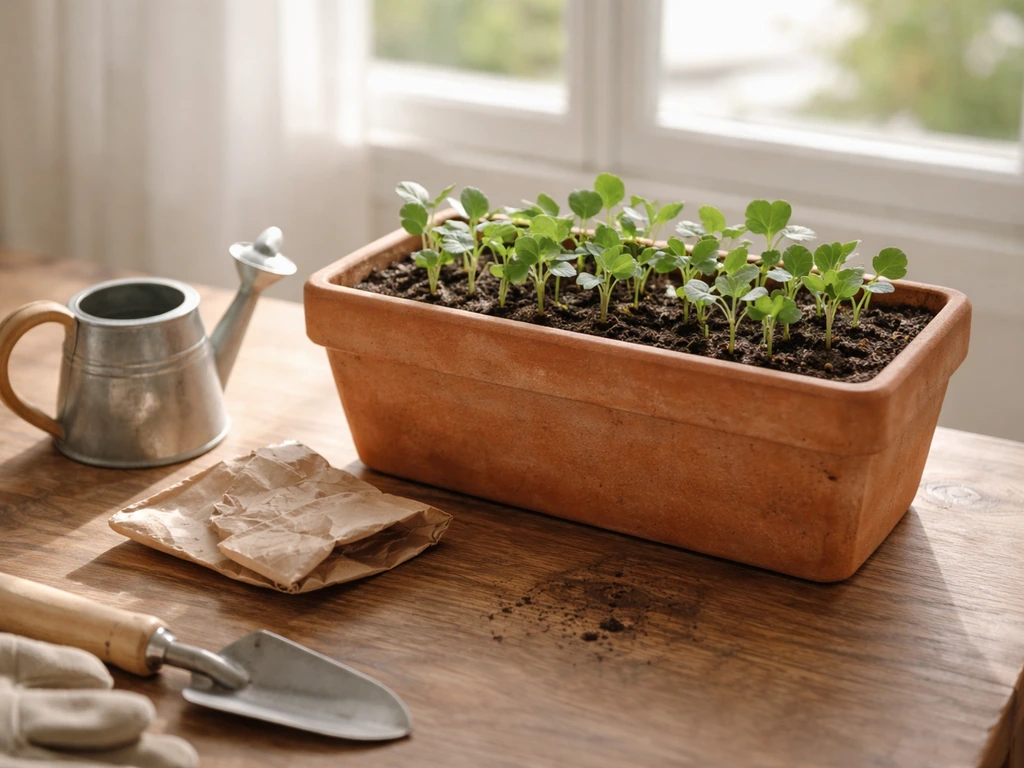 Jeunes radis en jardinière sur une table en bois, arrosoir à côté, ambiance de démarrage simple.
