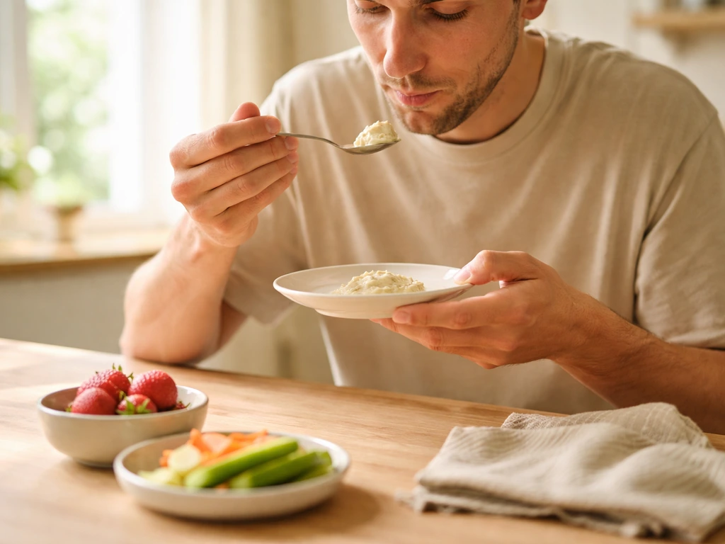 Un jeune goûte un aliment nouveau dans une petite assiette, avec fruits et légumes en arrière-plan.