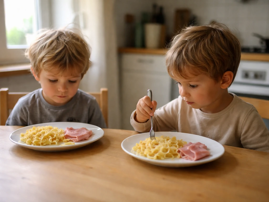 Deux enfants à table, l’un hésite devant des aliments simples, l’autre semble curieux et prêt à goûter.