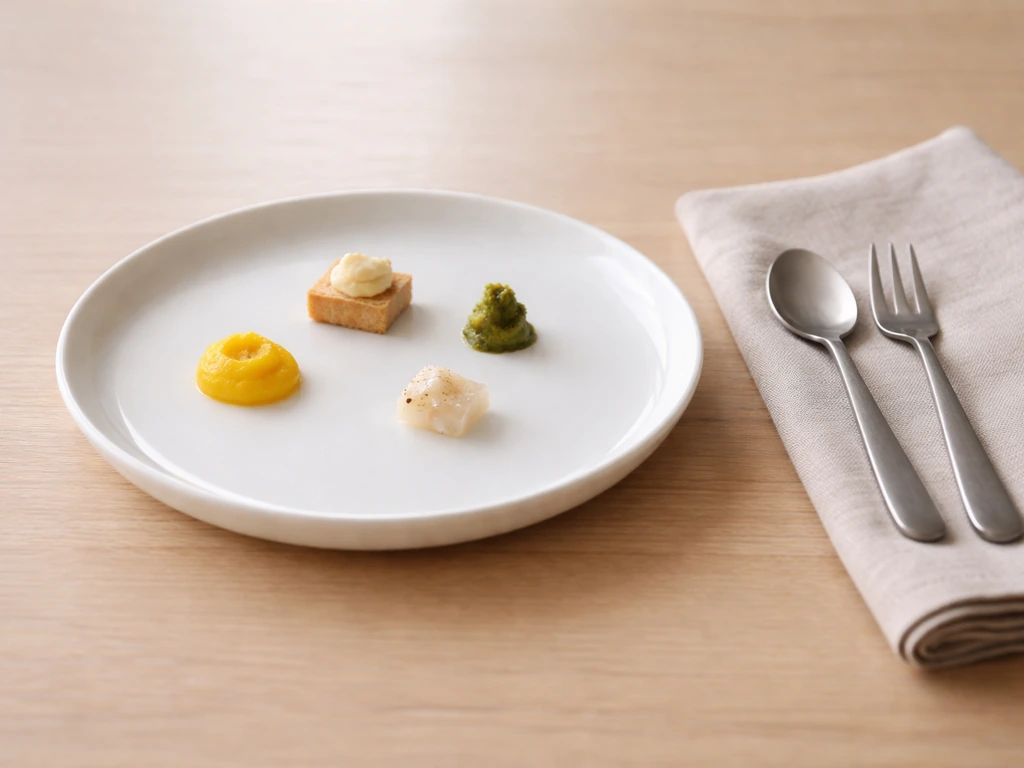 Une assiette minimaliste avec plusieurs micro-portions d’aliments à goûter, cuillères et fourchette pour une dégustation