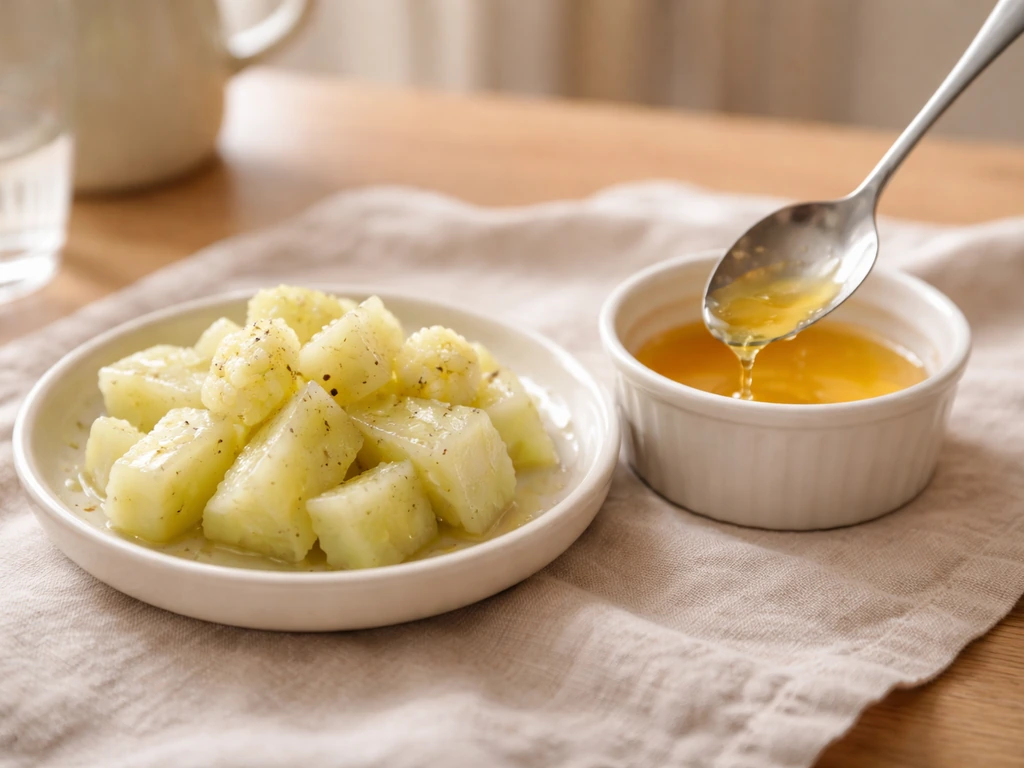 Légume cuit à la vapeur sur assiette, beurre fondu doré à côté, mise en scène d’un appairage réussi.
