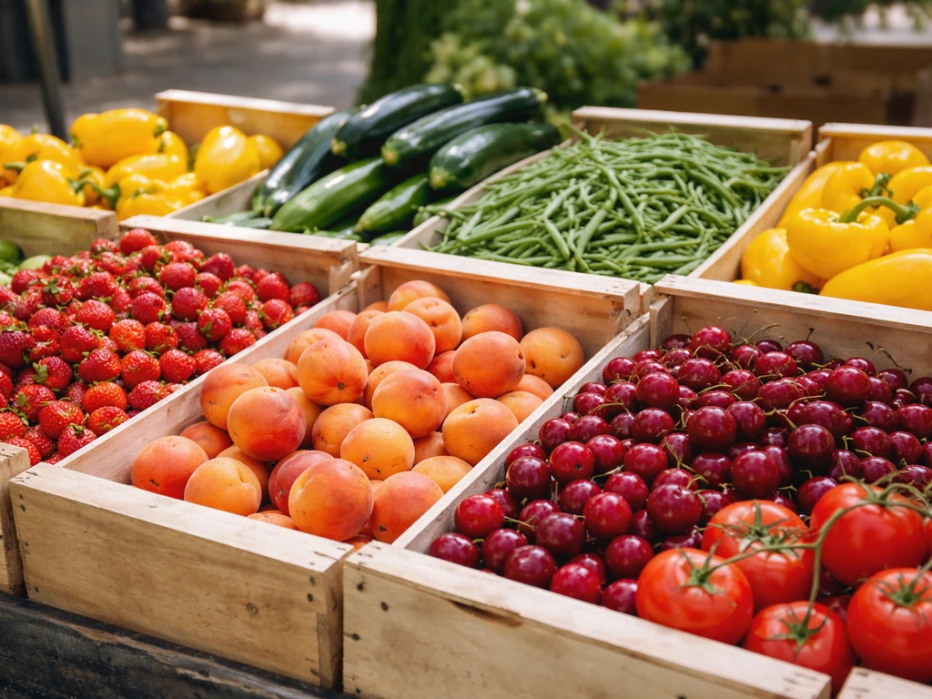 Étals de marché en France avec fraises, abricots, cerises et légumes de saison, lumière naturelle.