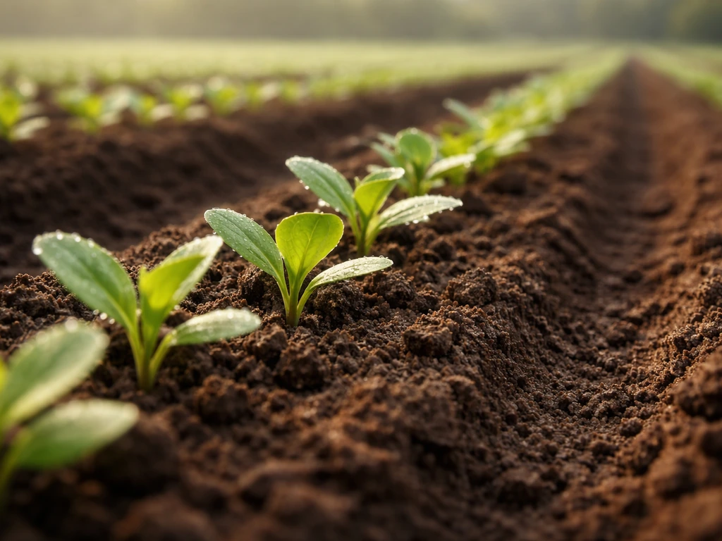 Jeunes pousses vertes qui dépassent de petits sillons, vue rapprochée dans un champ agricole.