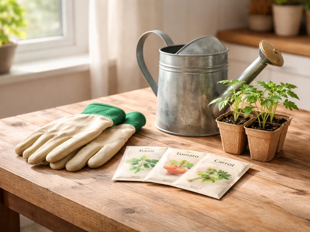 Gants, arrosoir et sachets de graines posés sur une table, ambiance débutant jardinage, lumière naturelle.