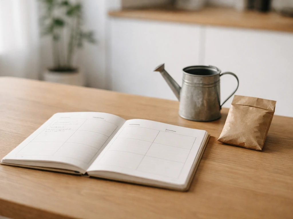 Table en cuisine avec un carnet et un simple agenda ouvert sur lundi, mercredi et vendredi