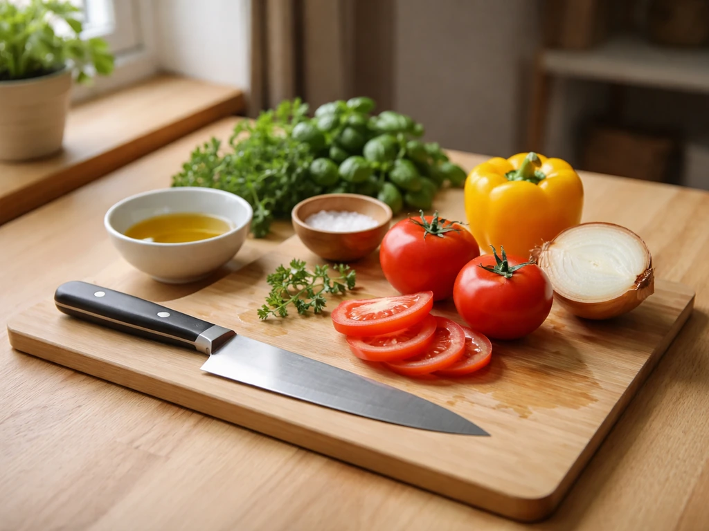 Plan de travail de cuisine avec légumes frais, couteau de chef, planche et ingrédients simples pour débuter.