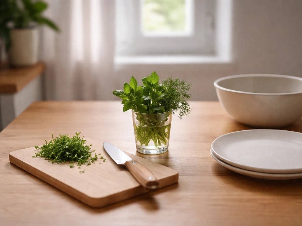 Petit coin cuisine lumineux avec jeunes herbes fraîches et ustensiles simples, illustrant l’idée de « en herbe »