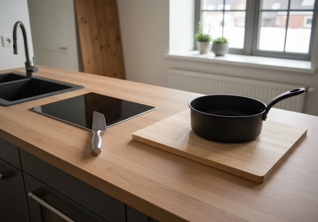 Couteau de chef, planche à découper et poêle antiadhésive posés sur un plan de travail, lumière naturelle.