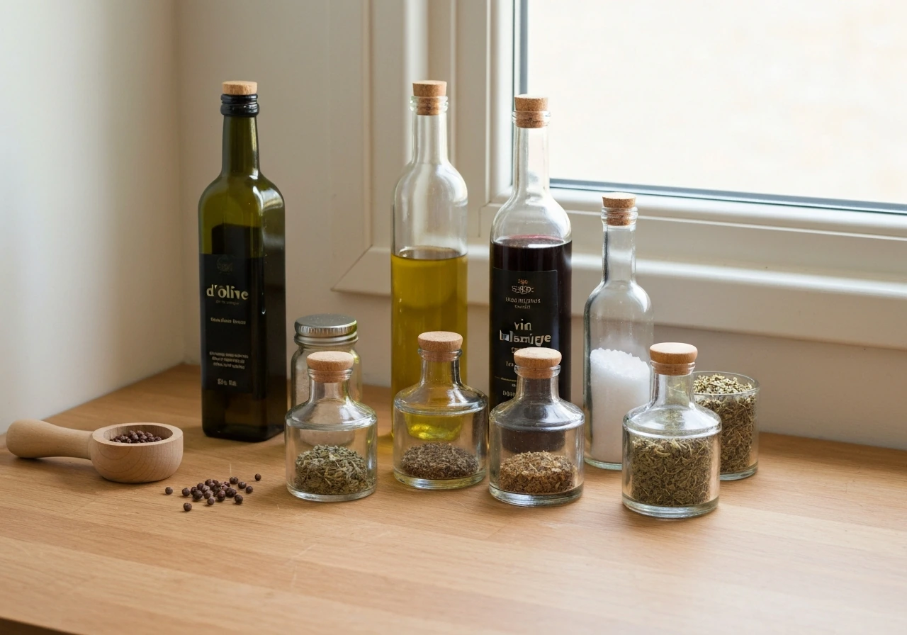 Bocaux et bouteilles d’huile, vinaigre, moutarde, sel, poivre et herbes sèches disposés dans une cuisine lumineuse.
