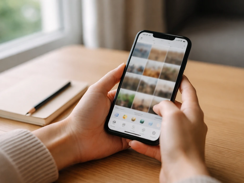 Main tenant un smartphone avec mots-clés et filtres flous pour illustrer la recherche de photos « pieds dans l’herbe».