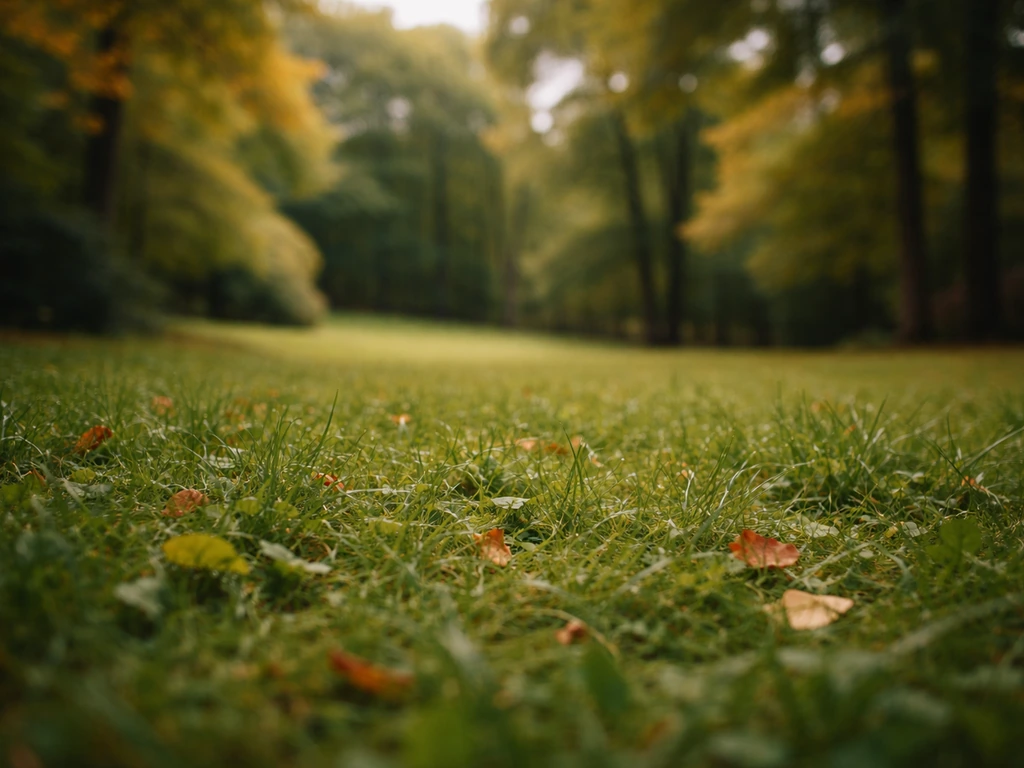 Vue au ras du sol sur une pelouse verte parisienne, arrière-plan d’arbres flou, sans personnes.