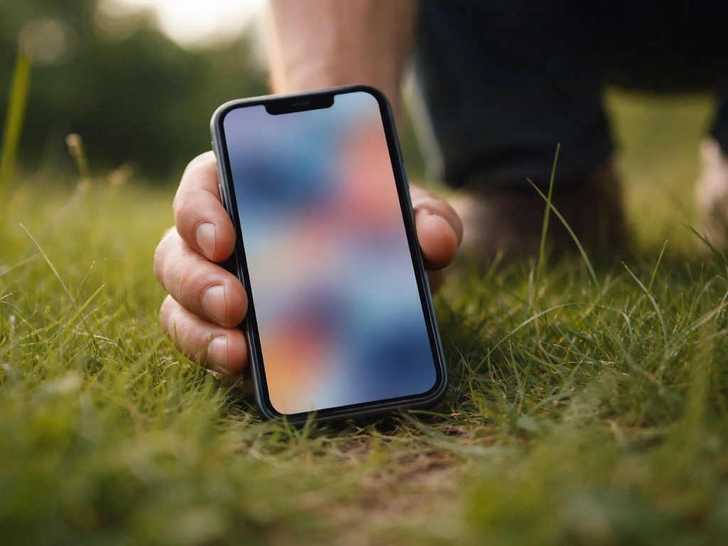 Téléphone tenu au ras du sol, herbe en premier plan pour un cadrage “pieds dans l’herbe”.