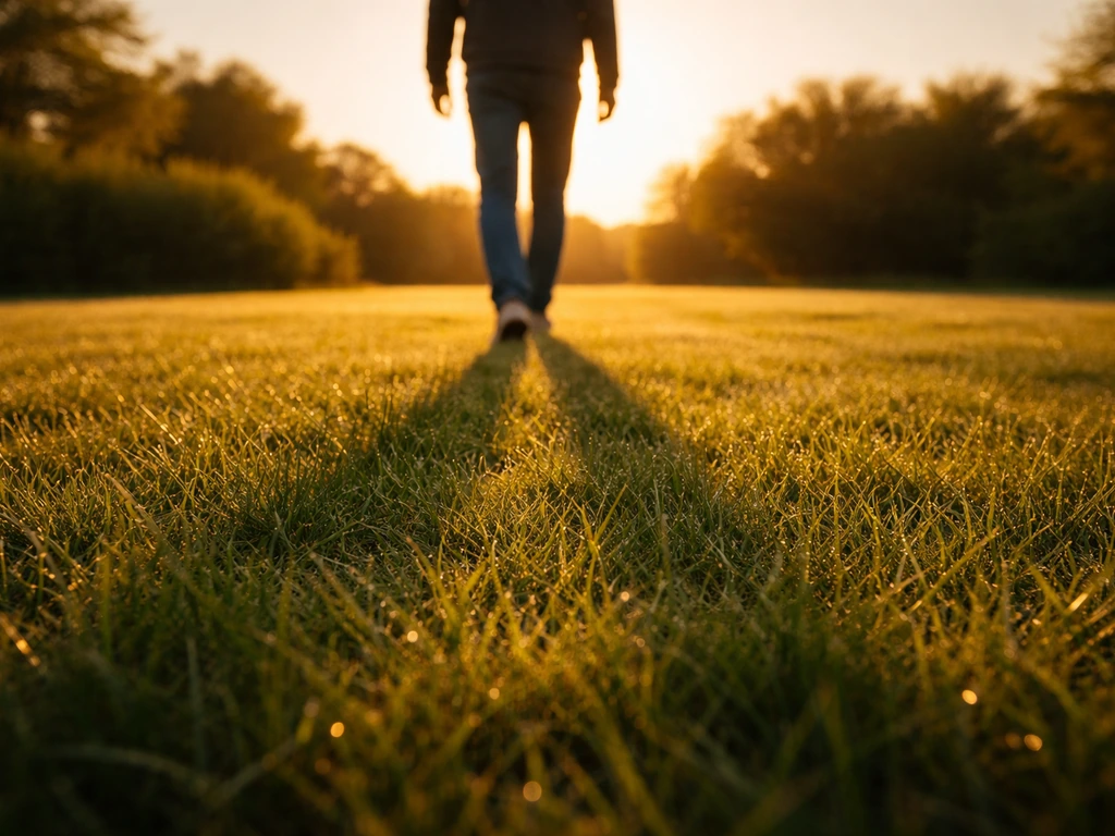 Pelouse au golden hour, ombres dorées longues, cadrage au sol pour donner une profondeur.