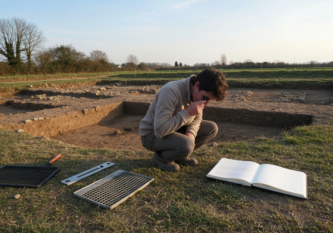 Un archéologue en herbe à genoux sur un site, observant le sol avec brosse, loupe et carnet.