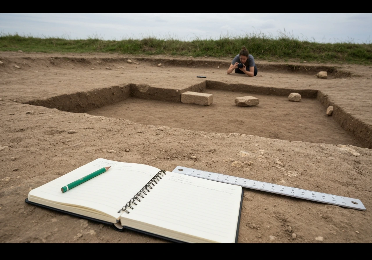 Sur un sol poussiéreux, un carnet et un crayon à côté d’une photo prise avec une échelle, sur un site archéologique.