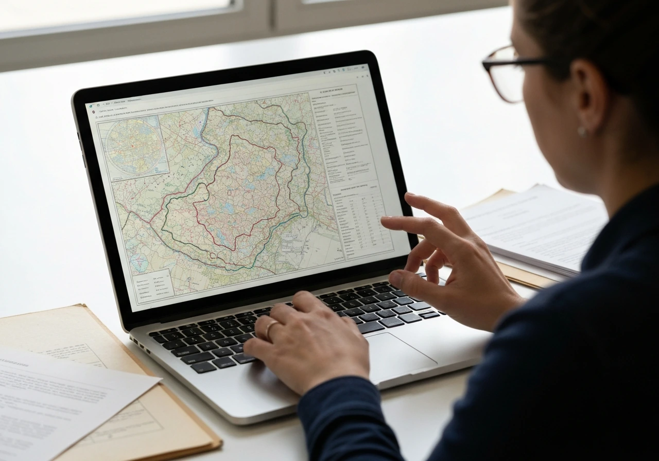 Écran d’ordinateur affichant une carte archéologique, avec des documents d’archives ouverts sur une table