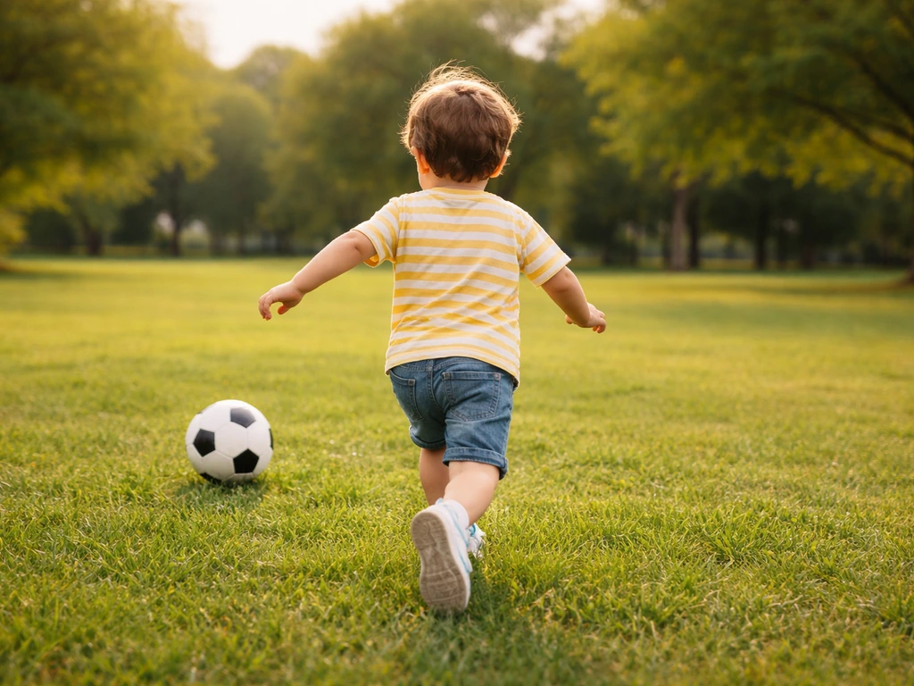 Un enfant court et joue dehors dans un cadre naturel, énergie spontanée qui évoque “commando en herbe”.