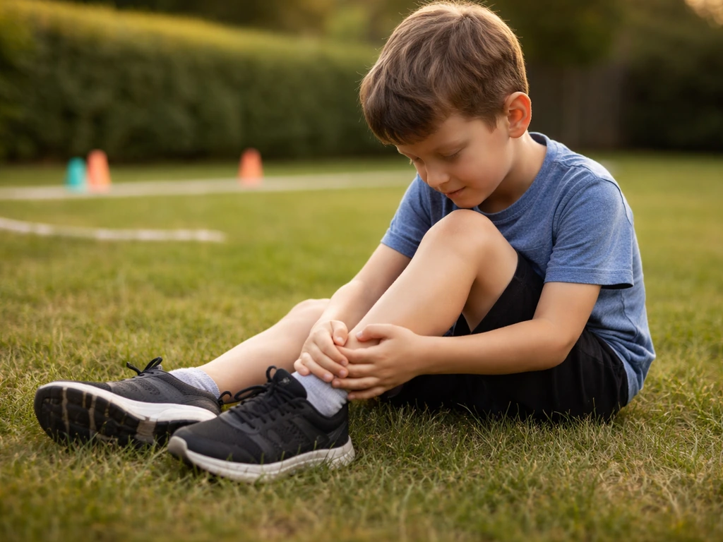 Enfant dans un jardin sportif, tenant une cheville après avoir couru, expression d’inconfort discret.
