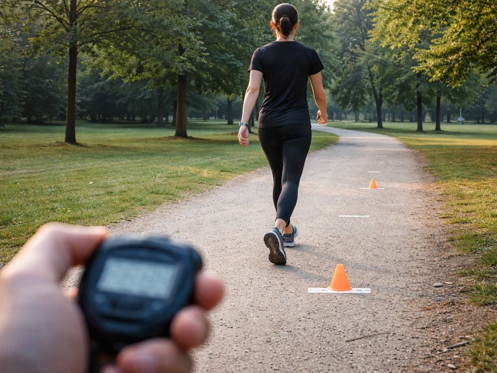 Une personne anonyme marche vite dans un parc avec des repères au sol et un chronomètre flou pour l’échauffement progres