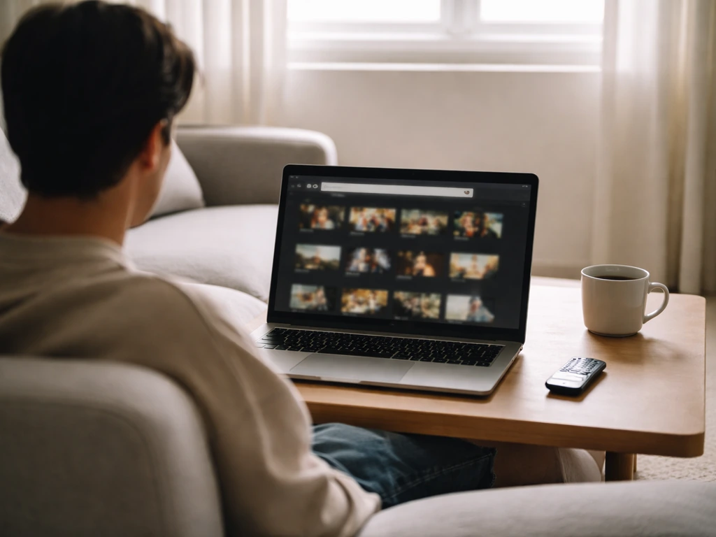 Photo d’un écran montrant une recherche vidéo sur une plateforme, avec manette et tasse de café, ambiance salon.